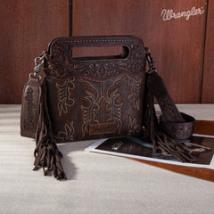 WG110-2022  Wrangler Top Handle Embroidered Fringe Mini Tote/Crossbody -Coffee