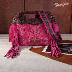 WG110-2022  Wrangler Top Handle Embroidered Fringe Mini Tote/Crossbody -Hot Pink