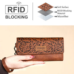 Wrangler Western Floral Tooled Tri-fold RFID Wallet/Wristlet