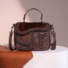 Trinity Ranch Hair-On Cowhide Saddle Shape Crossbody Satchel