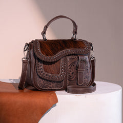 Trinity Ranch Hair-On Cowhide Saddle Shape Crossbody Satchel
