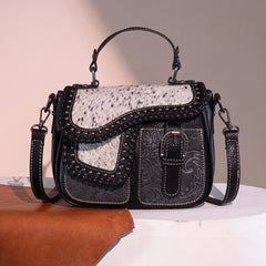 Trinity Ranch Hair-On Cowhide Saddle Shape Crossbody Satchel