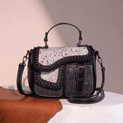 Trinity Ranch Hair-On Cowhide Saddle Shape Crossbody Satchel