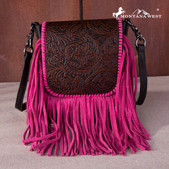Montana West Genuine Leather Tooled Collection Fringe Crossbody