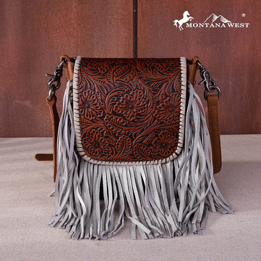 Montana West Genuine Leather Tooled Collection Fringe Crossbody