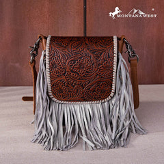 Montana West Genuine Leather Tooled Collection Fringe Crossbody