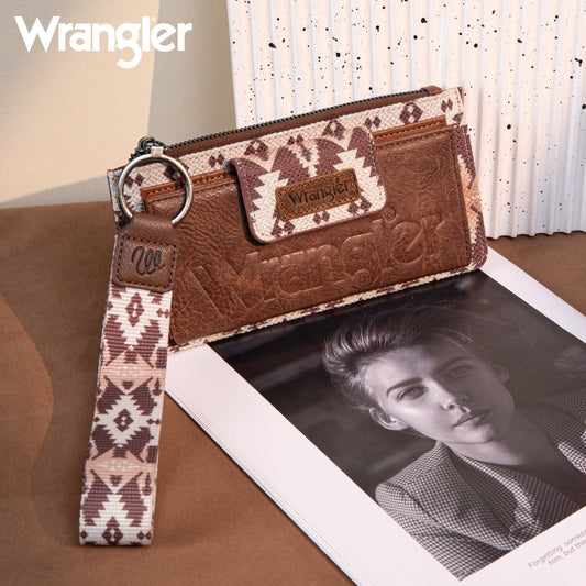 WG139-W013 Wrangler Aztec Print Bi-Fold Wallet Wristlet - Light Coffee