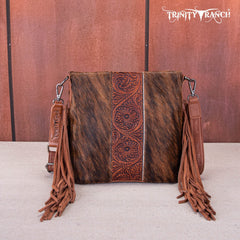TR159G-9360   Trinity Ranch Hair-On Cowhide/Tooled Fringe Concealed Carry Crossbody Bag
