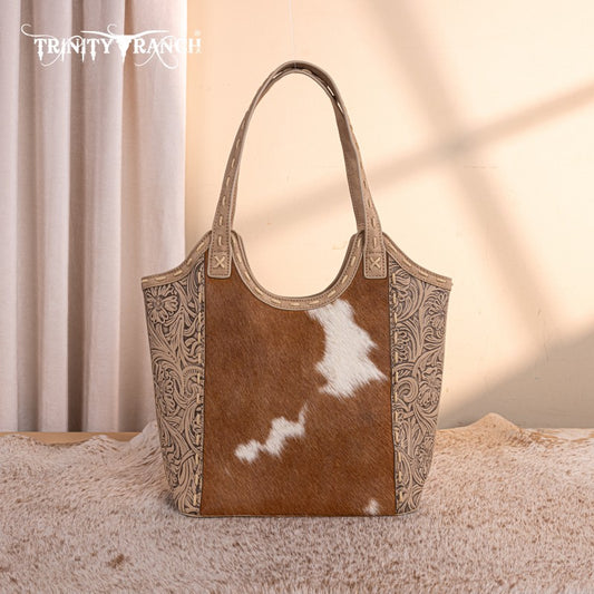 Trinity Ranch Genuine Hair-On Cowhide Tooled Concealed Carry Tote