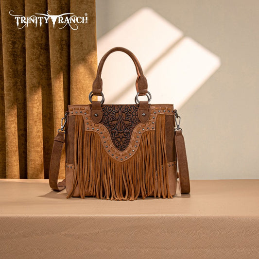 Trinity Ranch Floral Tooled Fringe Tote Bag