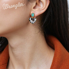 Wrangler Gold Cow Print Heart Shape Dangling Earrings