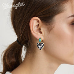 Wrangler Gold Cow Print Heart Shape Dangling Earrings