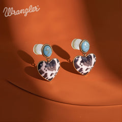 Wrangler Gold Cow Print Heart Shape Dangling Earrings