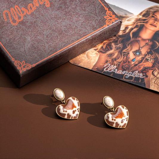 Wrangler Gold Cow Print Heart Shape Dangling Earrings