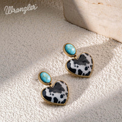 Wrangler Gold Cow Print Heart Shape Dangling Earrings