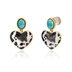 Wrangler Gold Cow Print Heart Shape Dangling Earrings