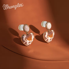 Wrangler Gold Cow Print Heart Shape Dangling Earrings