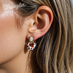 Wrangler Gold Cow Print Heart Shape Dangling Earrings