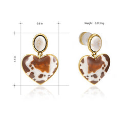 Wrangler Gold Cow Print Heart Shape Dangling Earrings