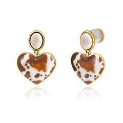 Wrangler Gold Cow Print Heart Shape Dangling Earrings