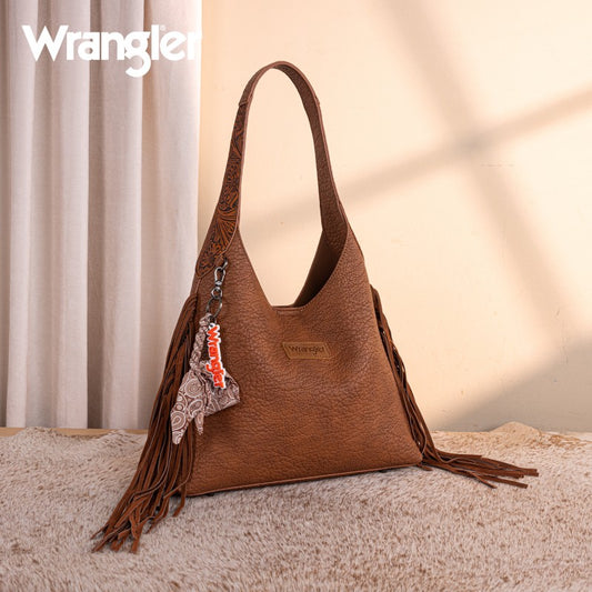 Wrangler Fringe Floral Tooled Hobo Bag