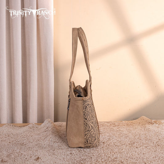 Trinity Ranch Genuine Hair-On Cowhide Tooled Concealed Carry Tote Bag