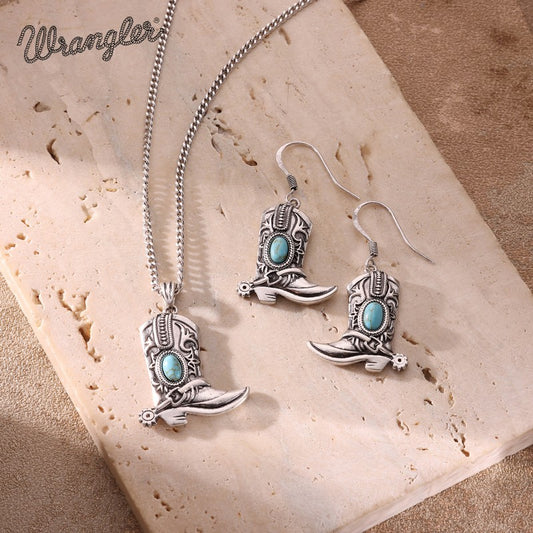 Wrangler Silver Boots Pendant Necklace Earrings Set