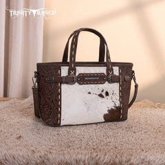 Trinity Ranch Genuine Hair-On Cowhide Tooled Tote Bag