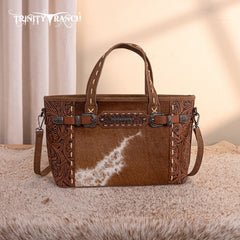 Trinity Ranch Genuine Hair-On Cowhide Tooled Tote Bag
