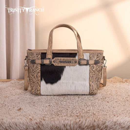 Trinity Ranch Genuine Hair-On Cowhide Tooled Tote Bag